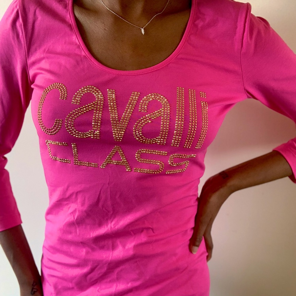 Cavalli Class Pink Long Sleeved Rhinestone Shirt